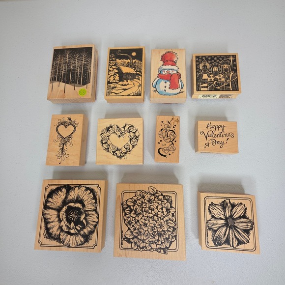 Stampin' Up! Other - Stampin Up Rubber Stamps Mixed Lot 11pc Tan Winter Valentine Floral Wood Block
